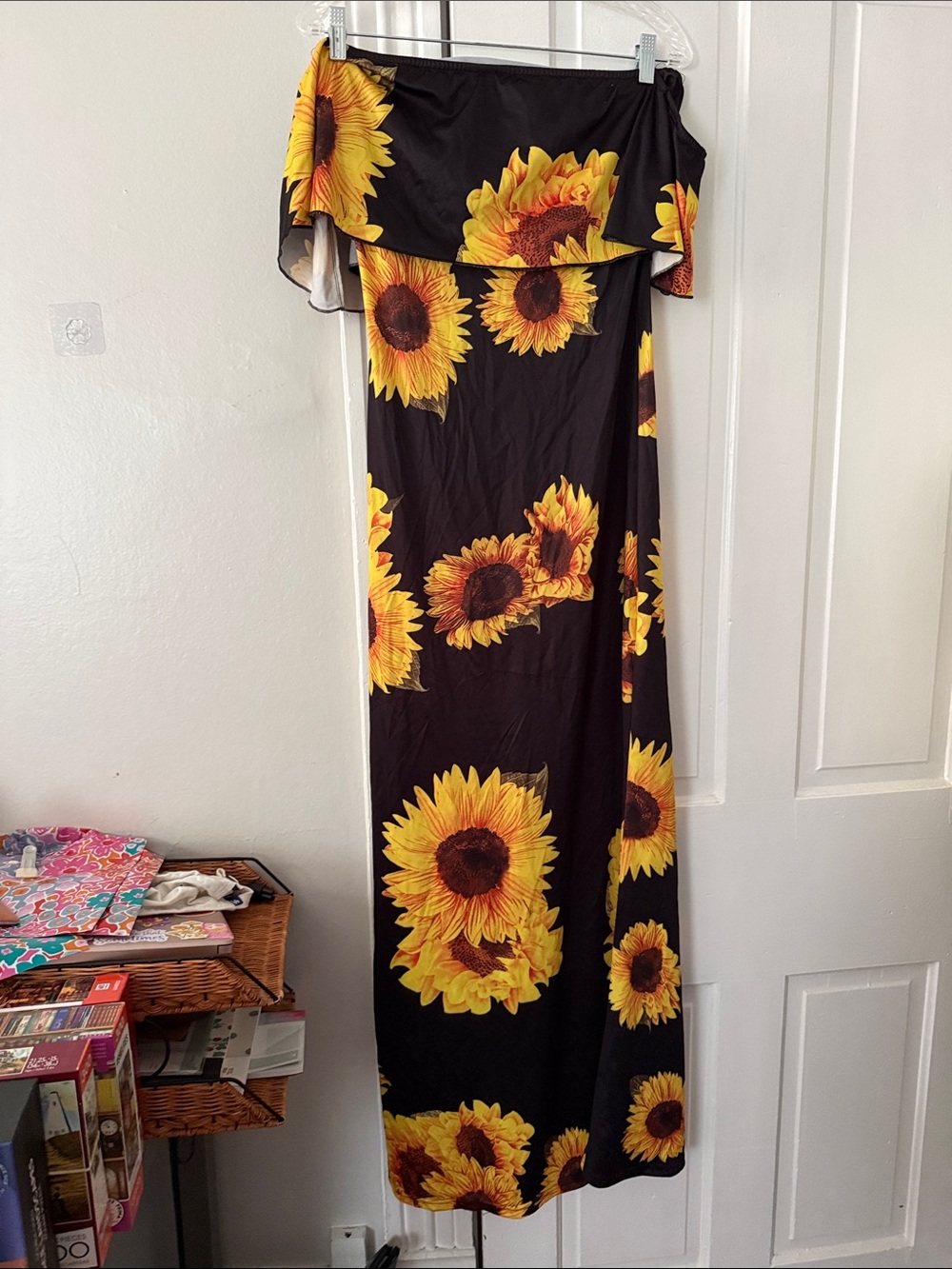 Amazon Black Off-Shoulder Maxi Dress with Yellow Sunflower Print